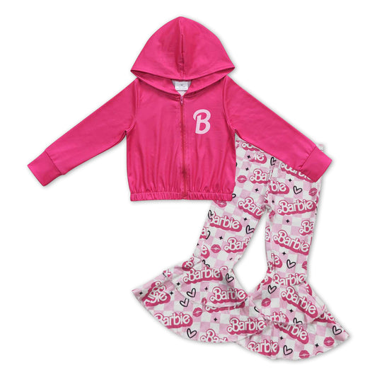 GLP1004 Hot pink zipper hoodie pink BA denim pants girls set