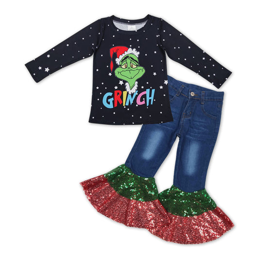 GLP10009 Christmas green face black long sleeve sequin denim pants girls set