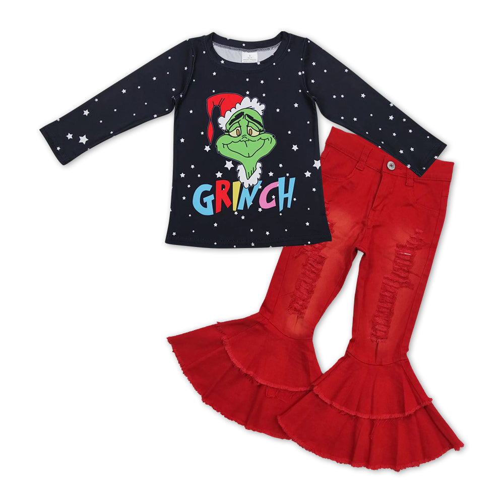 GLP10010 Christmas green face black long sleeve red denim pants girls set