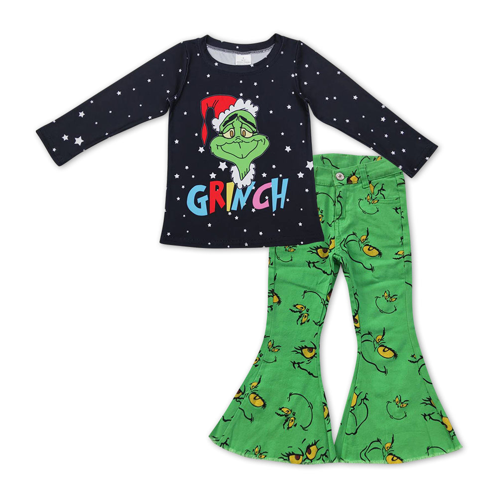 GLP10011 Christmas green face black long sleeve green denim pants girls set