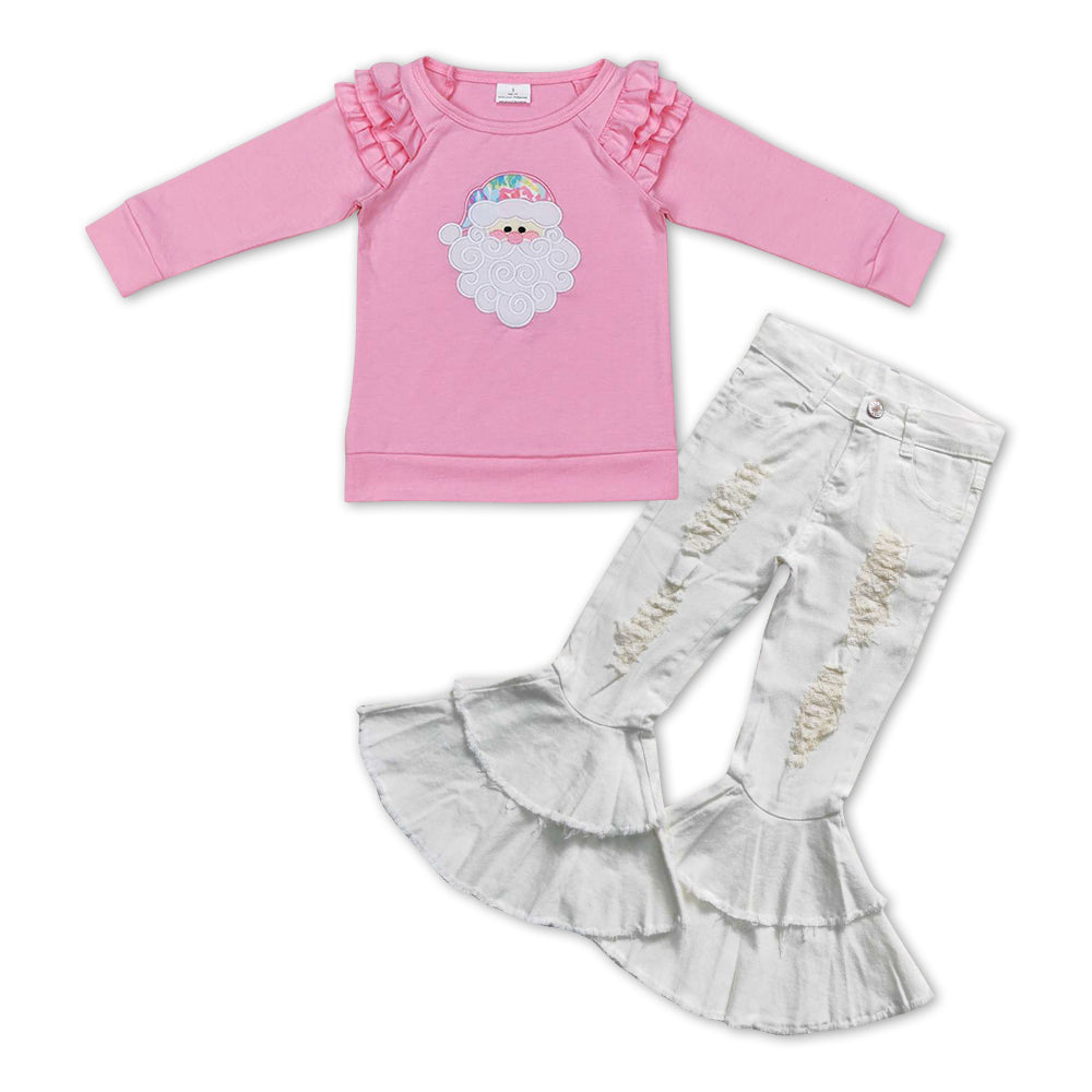 GLP1017 Christmas Santa pink long sleeve white ripped denim pants girls set