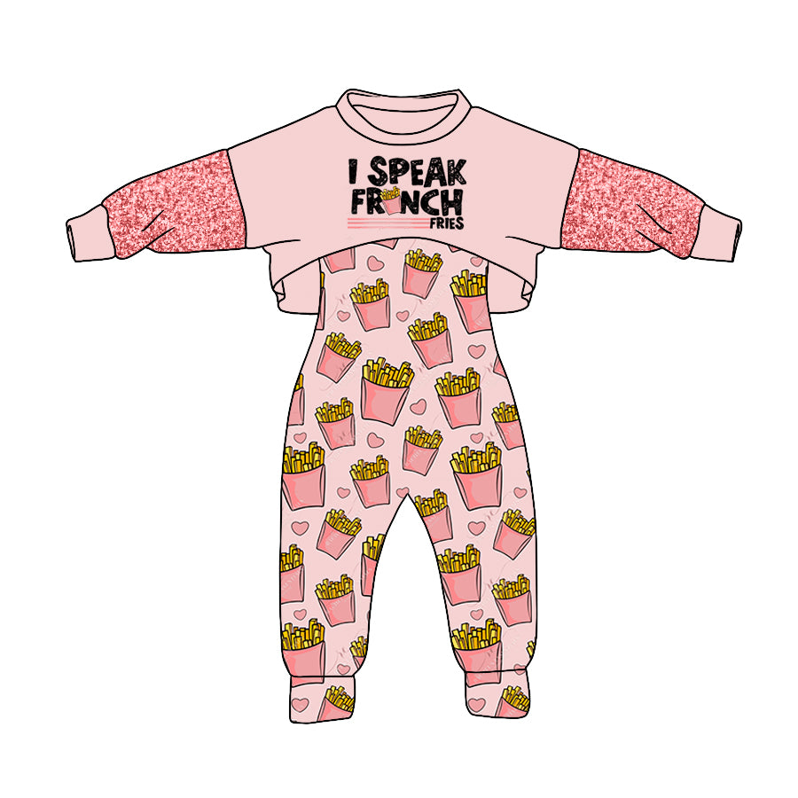preorder GLP1019 I speak chips pink long sleeve heart jumpsuit girls set