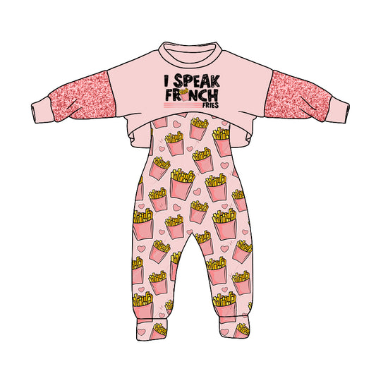 preorder GLP1019 I speak chips pink long sleeve heart jumpsuit girls set