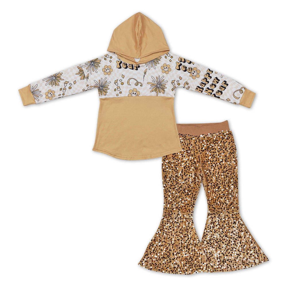 GLP1022 Happy new year yellow hoodie golden sequin pants girls set