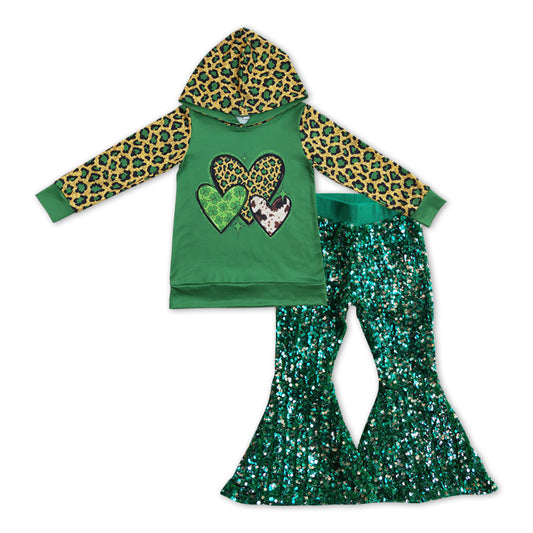 GLP1023 Saint Patrick green heart hoodie green sequin pants girls set