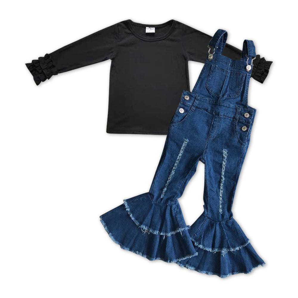 GLP1031 Black ruffles long sleeve denim pants girls set