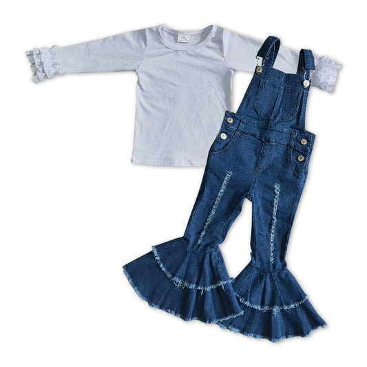 GLP1032 White ruffles long sleeve denim pants girls set