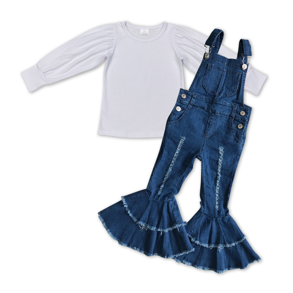 GLP1033 White long sleeve denim pants girls set