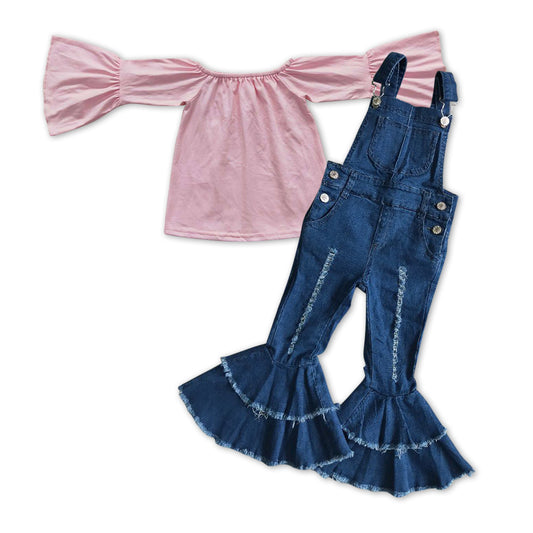 GLP1034 Pink ruffles long sleeve denim pants girls set