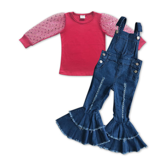 GLP1035 Hot pink lace long sleeve denim pants girls set