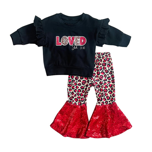 preorder GLP1037 Loved black long sleeve red leopard pants girls set