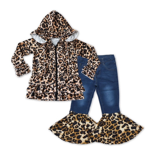 GLP1040 Leopard long sleeve hoodie blue leopard denim pants girls set