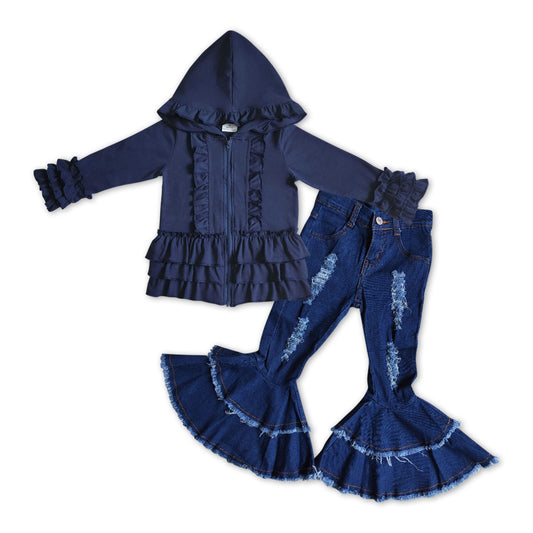 GLP1041 Navy ruffles long sleeve hoodie blue ripped denim pants girls set