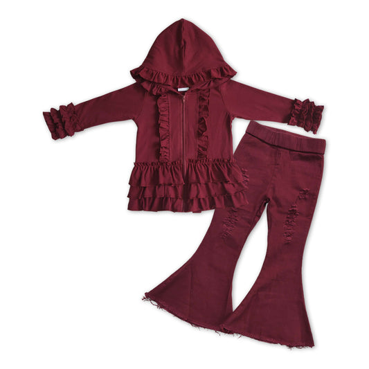 GLP1042 Maroon ruffles long sleeve hoodie maroon denim pants girls set