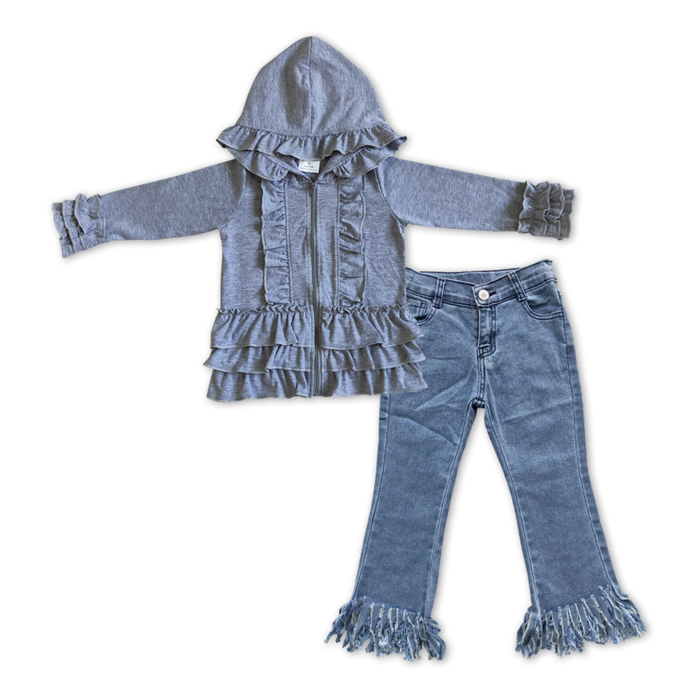 GLP1043 Grey ruffles long sleeve hoodie blue tassels denim pants girls set