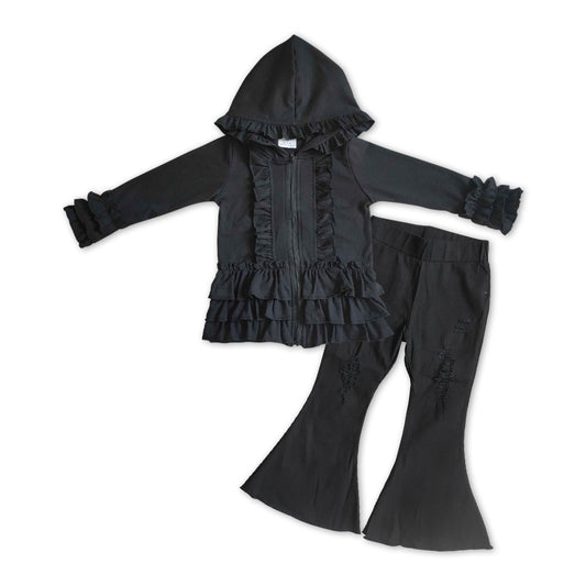 GLP1044 Black ruffles long sleeve hoodie black ripped denim pants girls set