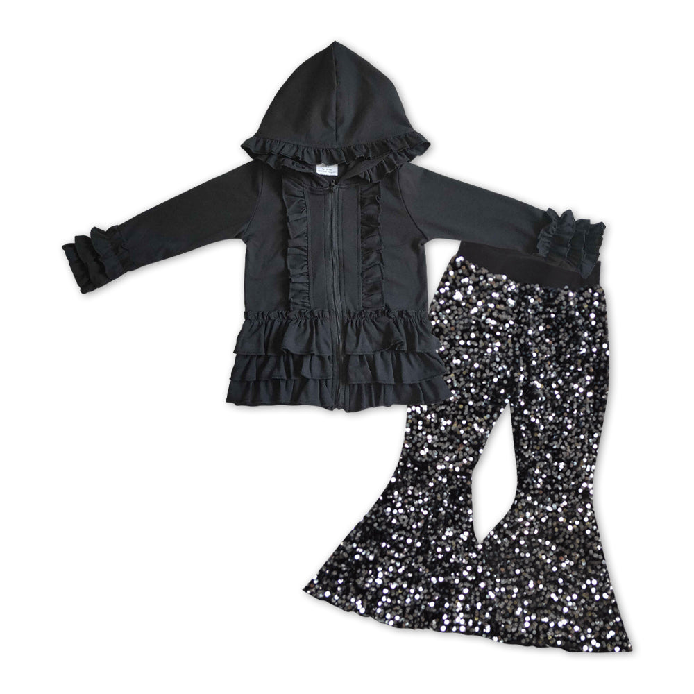 GLP1045 Black ruffles long sleeve hoodie black sequin pants girls set