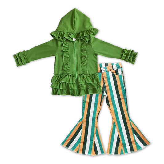 GLP1046 Green ruffles long sleeve hoodie green yellow striped denim pants girls set