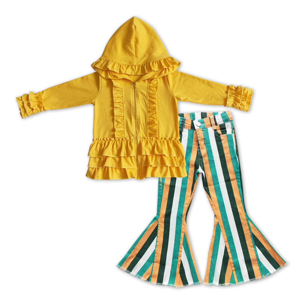 GLP1047 Yellow ruffles long sleeve hoodie green yellow striped denim pants girls set