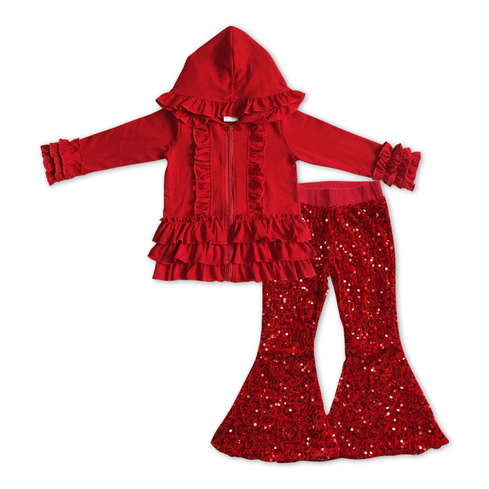 GLP1048 Red ruffles long sleeve hoodie red sequin pants girls set