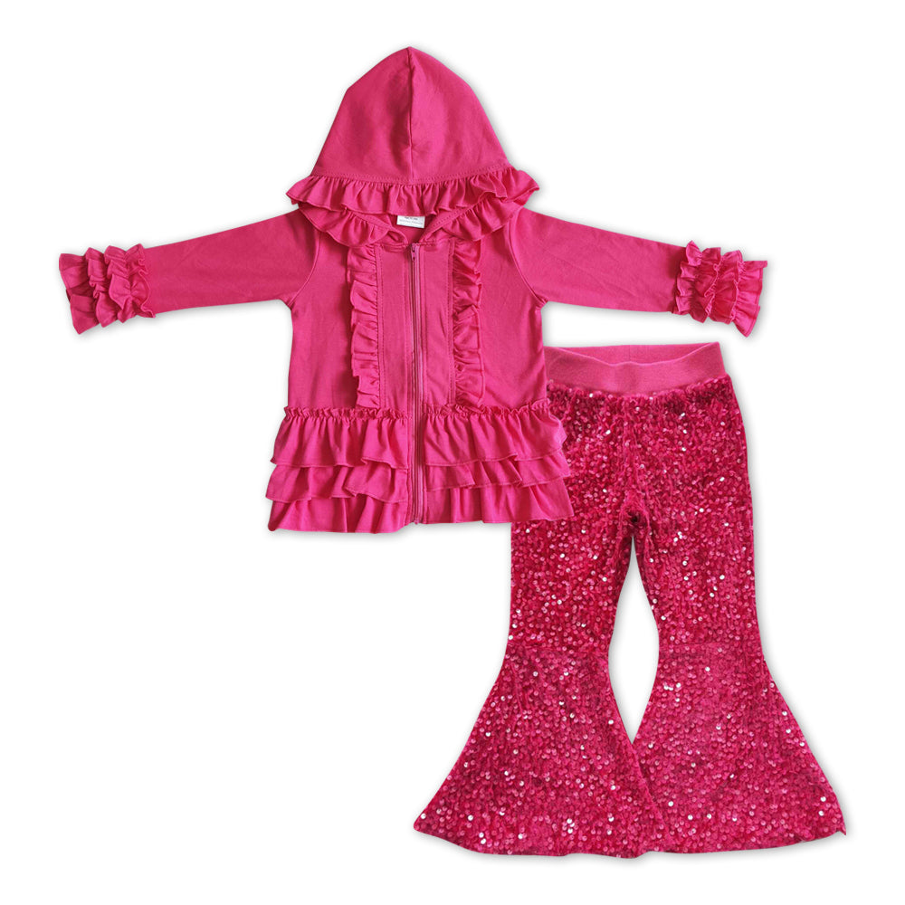 GLP1049 Hot pink ruffles long sleeve hoodie hot pink sequin pants girls set