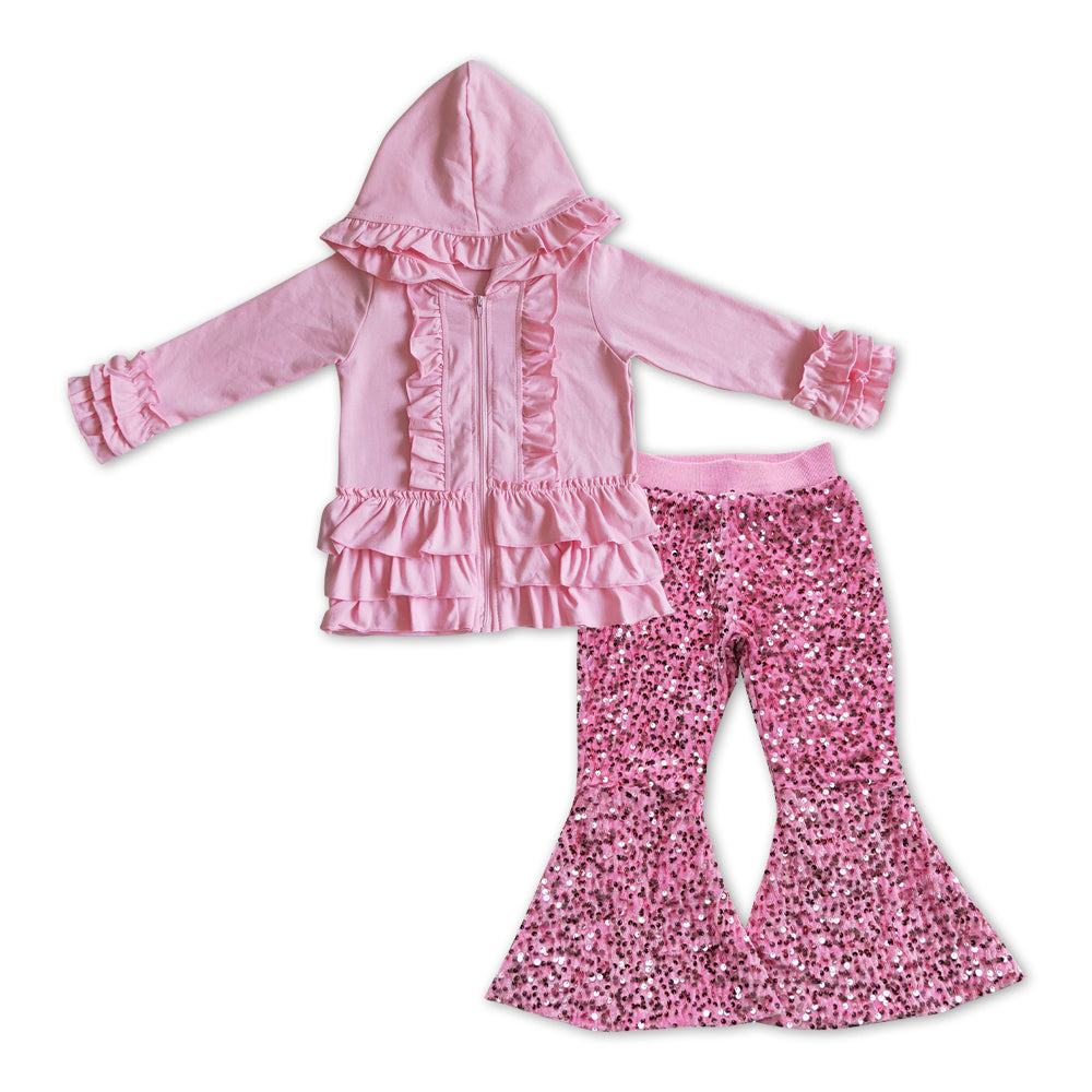 GLP1050 Pink ruffles long sleeve hoodie pink sequin pants girls set