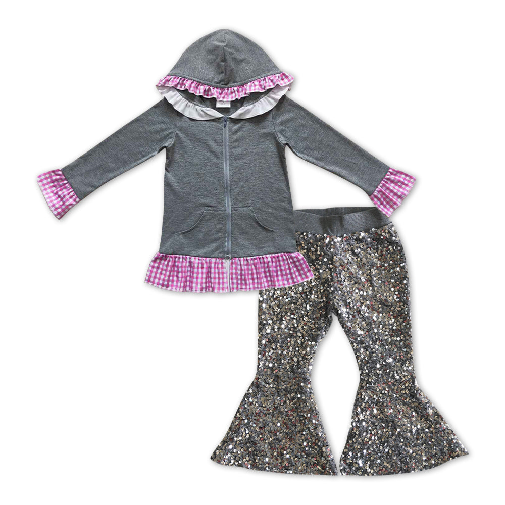 GLP1051 Grey purple cotton long sleeve hoodie grey sequin pants girls set