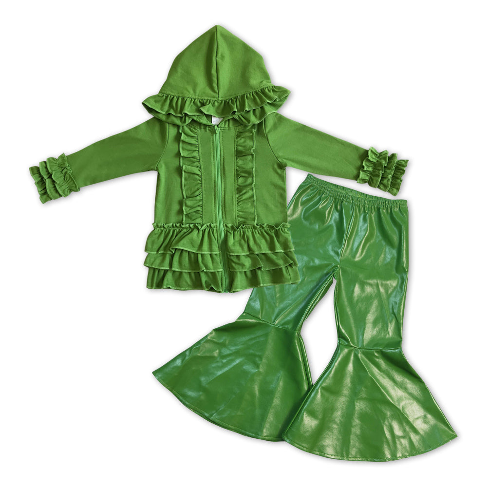 GLP1057 Green ruffles long sleeve hoodie green leather pants girls set