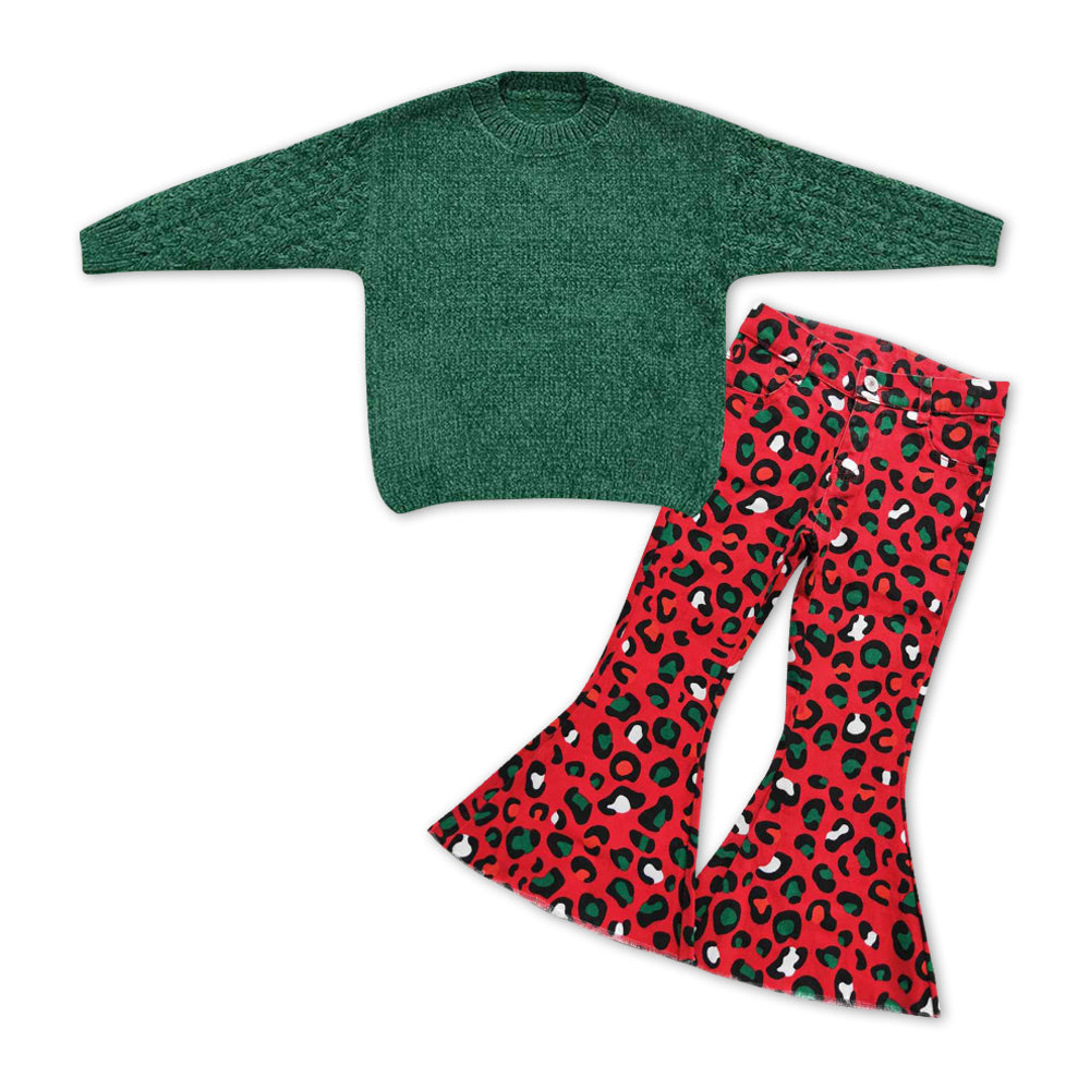 GLP1060 Dark green sweater long sleeve red leopard denim pants girls set