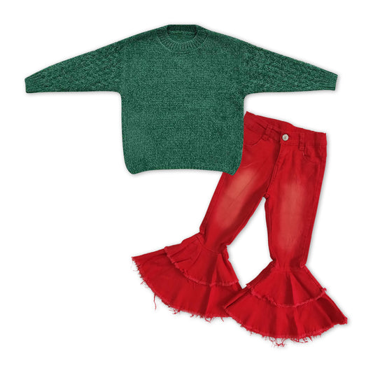 GLP1061 Dark green sweater long sleeve red denim pants girls set