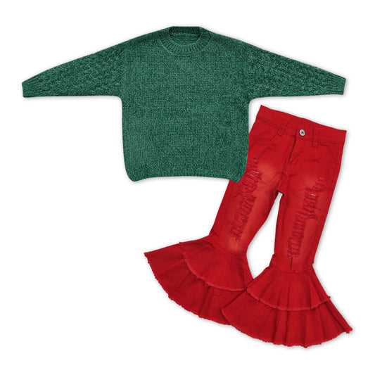 GLP1062 Dark green sweater long sleeve red ripped denim pants girls set