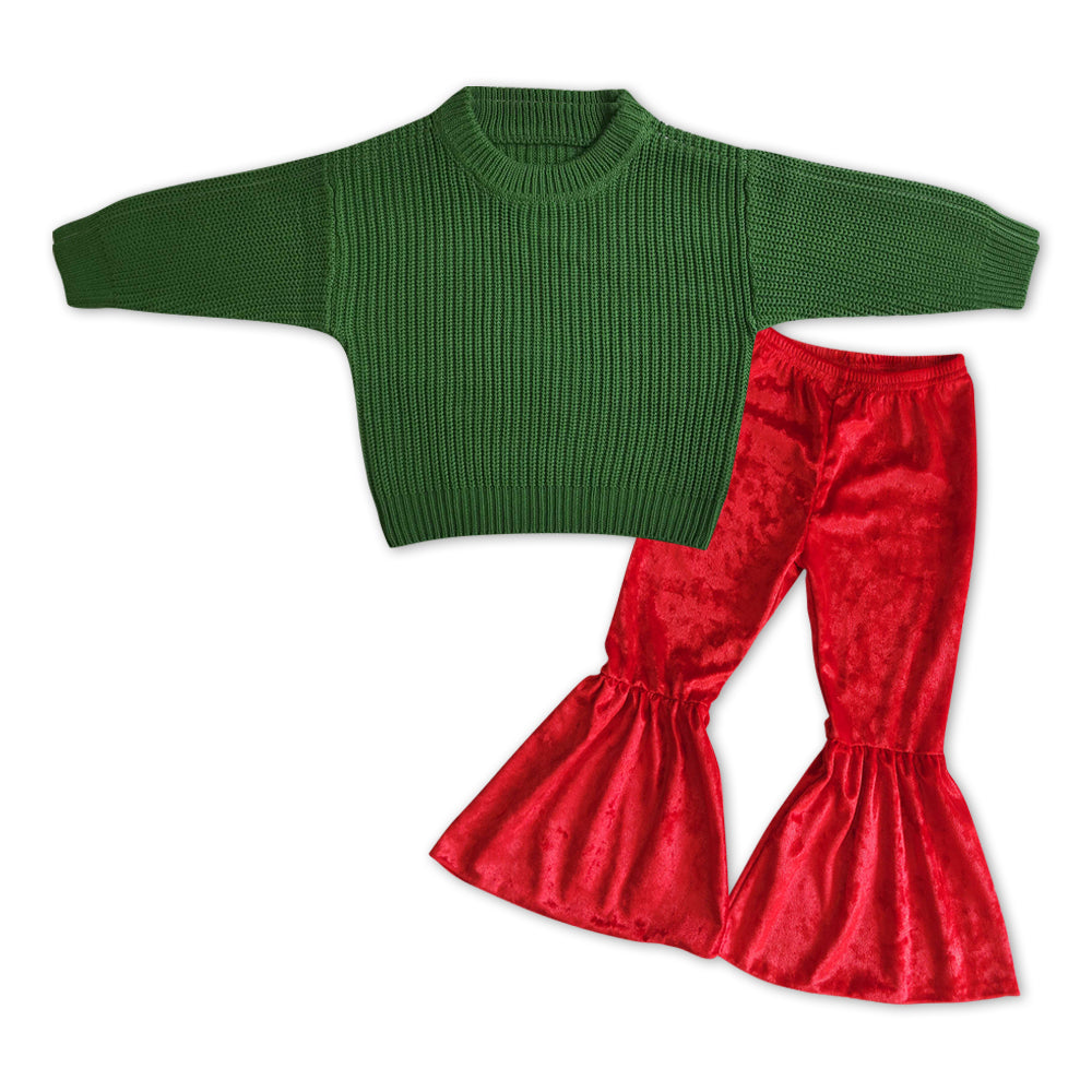 GLP1063 Green sweater long sleeve red velvet pants girls set