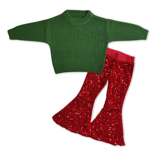 GLP1064 Green sweater long sleeve red sequin pants girls set