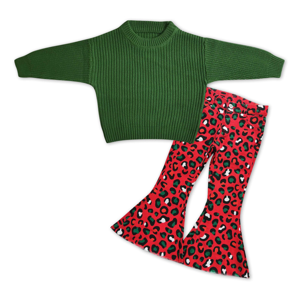 GLP1065 Green sweater long sleeve red leopard denim pants girls set