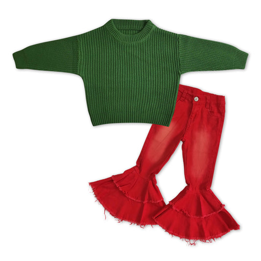 GLP1066 Green sweater long sleeve red ripped denim pants girls set