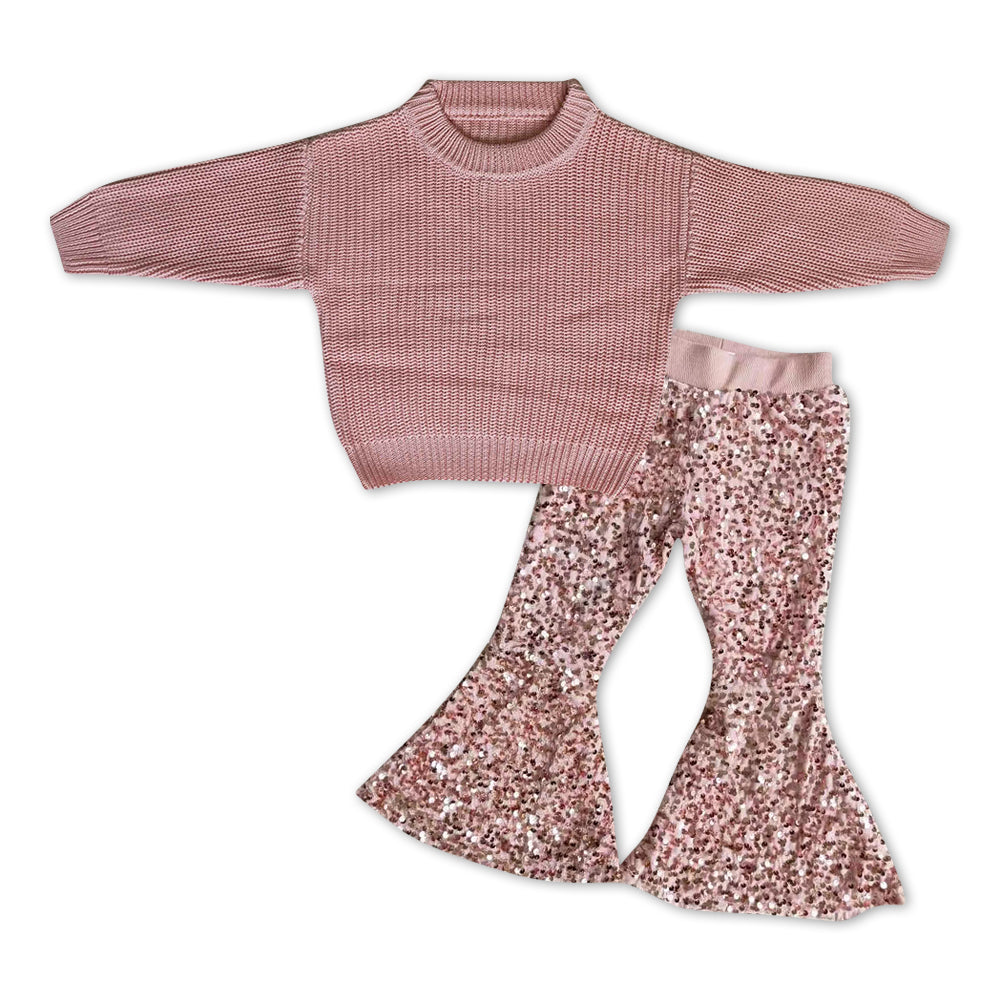 GLP1068 Pink sweater long sleeve pink sequin pants girls set