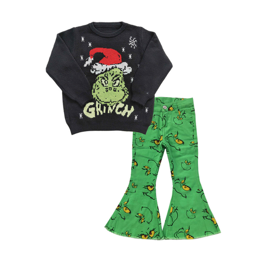 GLP1069 Christmas green face black sweater long sleeve green face denim pants girls set