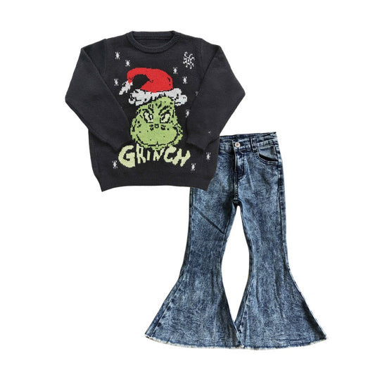 GLP1070 Christmas green face black sweater long sleeve blue denim pants girls set