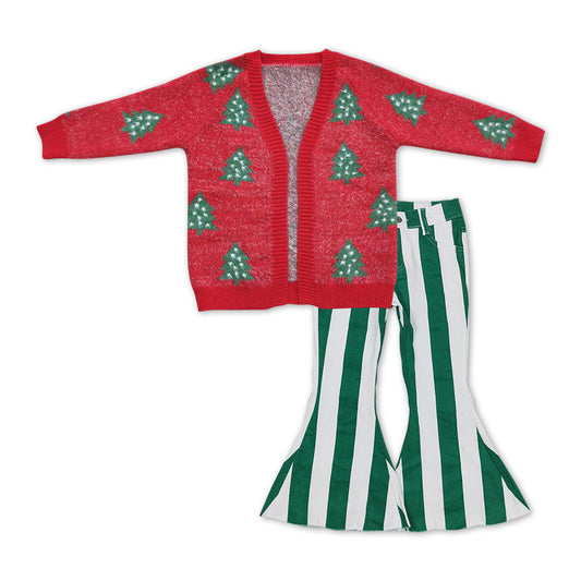 GLP1071 Christmas tree red long sleeve cardigan green striped denim pants girls set