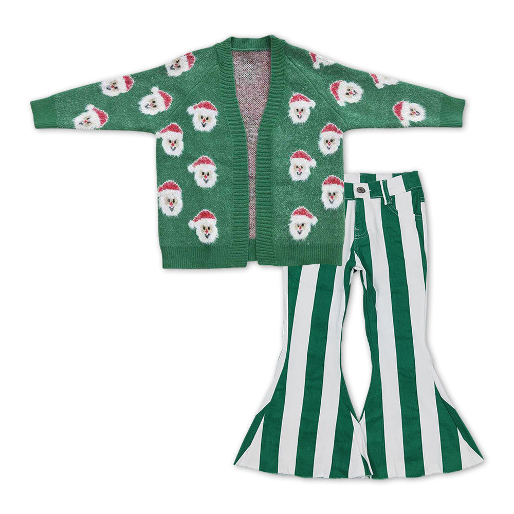 GLP1072 Christmas Santa green long sleeve cardigan green striped denim pants girls set