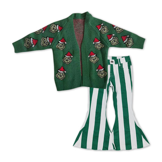 GLP1073 Christmas green face long sleeve cardigan green striped denim pants girls set