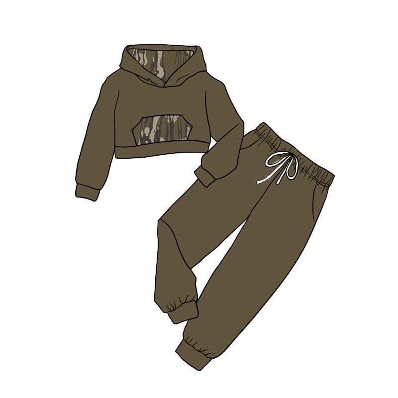 preorder GLP1074 Hunting camo brown long sleeve hoodie pockets pants girls set