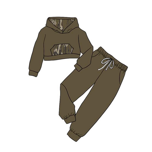 preorder GLP1074 Hunting camo brown long sleeve hoodie pockets pants girls set