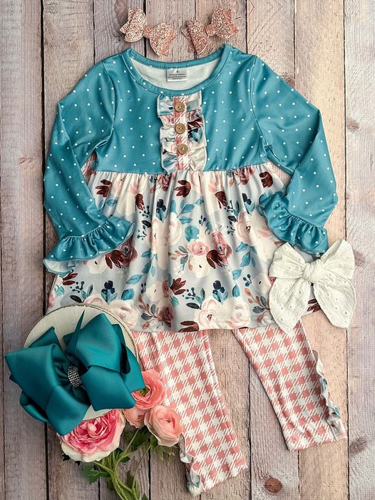 preorder GLP1076 Flowers blue long sleeve pink checkered pants girls set