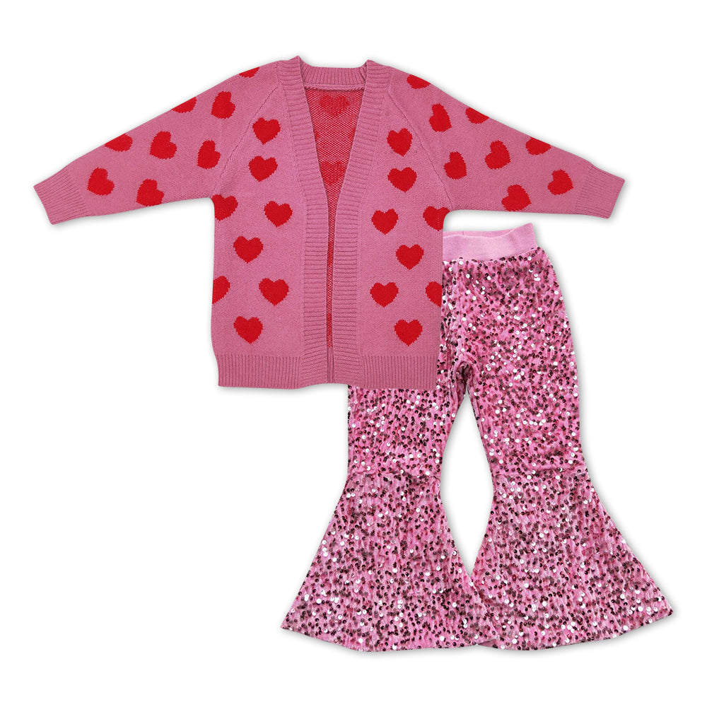 GLP1080 Valentine's Day heart pink sweater cardigan pink sequin pants girls set