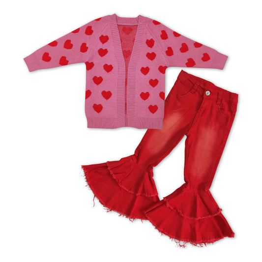 GLP1082 Valentine's Day pink heart sweater cardigan red denim pants girls set