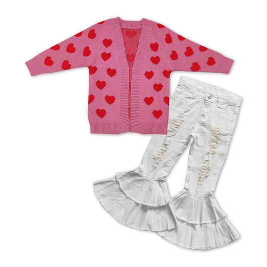 GLP1083 Valentine's Day pink heart sweater cardigan white denim pants girls set