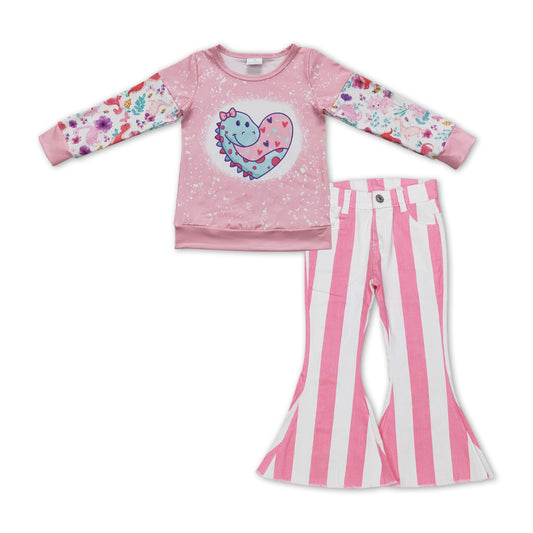 GLP1088 Valentine's Day heart dinosaur pink long sleeve pink striped denim pants girls set