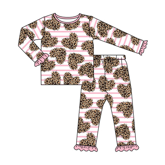 preorder GLP1091 Valentine's Day leopard heart pink striped long sleeve pants girls pajamas