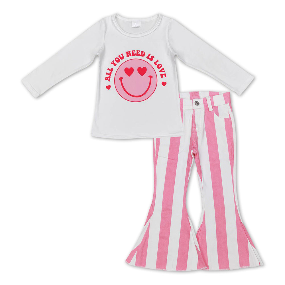 GLP1092 Valentine's Day all you need is love smile long sleeve pink striped denim pants girls set